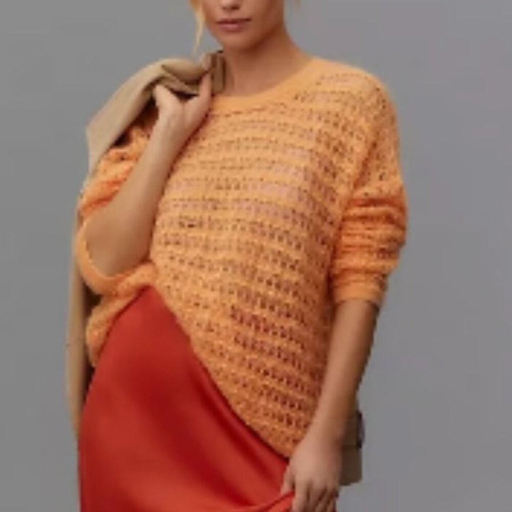 🧡 ANTHROPOLOGIE 🧡 Stunning Open Stitch Soft Orange/Peach Sweater NWT $198 Sz M